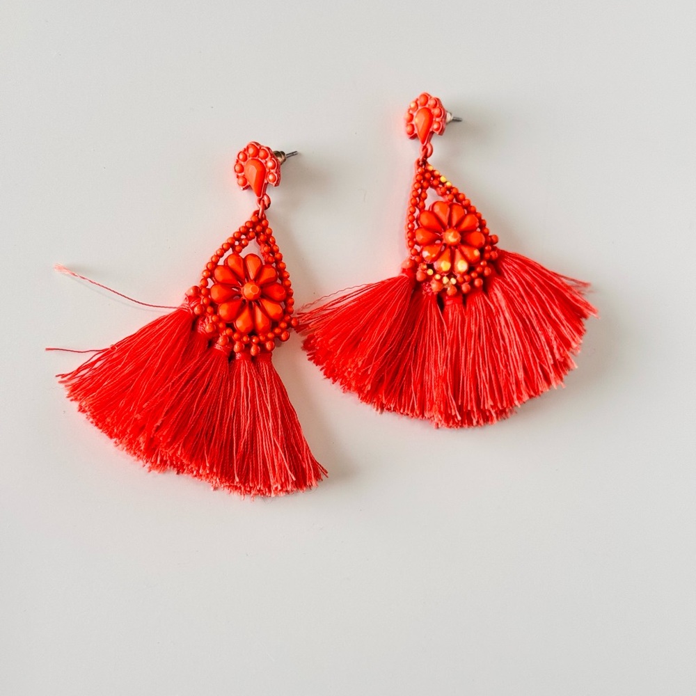 NEIMAN MARCUS 3” Classy Bohemian Coral Orange Beaded Fan Tassel Earrings